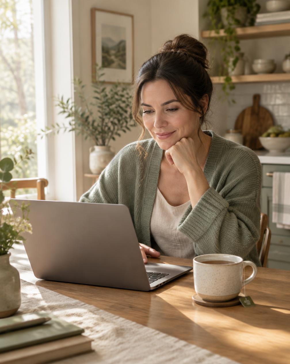 Woman at home using her laptop over tea
