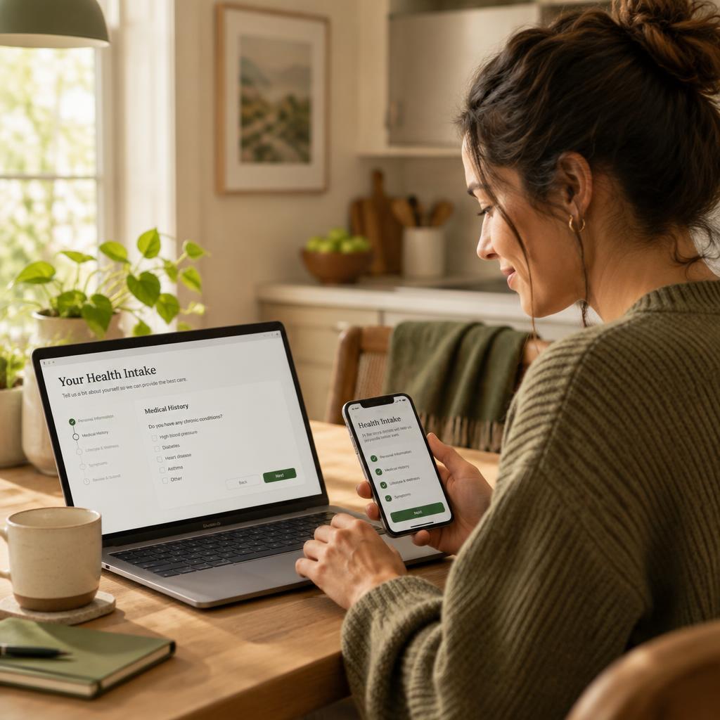 A woman at home completing an online health intake on a laptop and phone